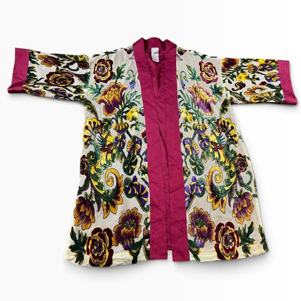 Chico's Women S/M Floral Burnout Velvet Kimono Jacket Silk Blend Magenta Purple